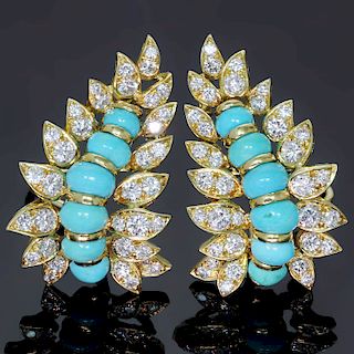 NEIMAN MARCUS Diamond Turquoise 18k Yellow Gold Clip-on Earrings