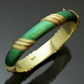 TIFFANY & CO. 18k Yellow Gold Green Enamel Striped Bangle Bracelet