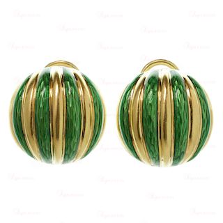 TIFFANY & CO. 18k Yellow Gold Striped Green Enamel Clip-on Earrings