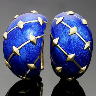 TIFFANY & CO. Blue Enamel 18k Yellow Gold Clip-on Earrings
