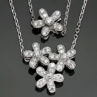 VAN CLEEF & ARPELS Socrate Diamond 18k White Gold 3-Flower Pendant Necklace