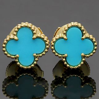 VAN CLEEF & ARPELS Sweet Alhambra Turquoise 18k YG Earrings. VCA Papers.