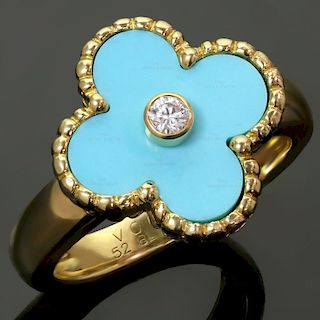 VAN CLEEF & ARPELS Vintage Alhambra Diamond Turquoise 18k Yellow Gold Ring