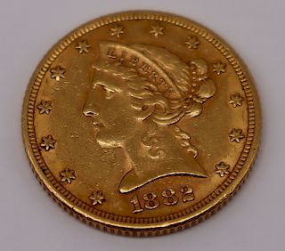 GOLD. United States 1882 $5 Gold Coin.