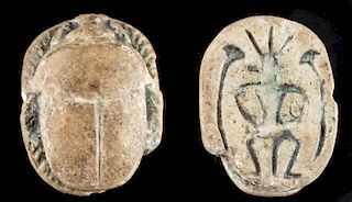 Large Egyptian Faience Scarab Pendant w/ Bes