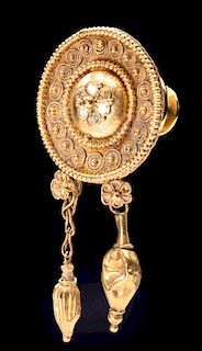 Published Greek 22K+ Gold Earring w/ Glass Inlay, 6.3 g