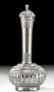 19th C. Indian Silver Repousse Bottle w/ Stopper
