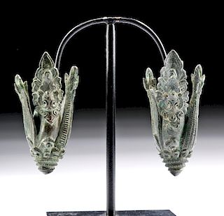 10th C. Khmer Bronze Peacock Flower Ear Ornaments (pr)