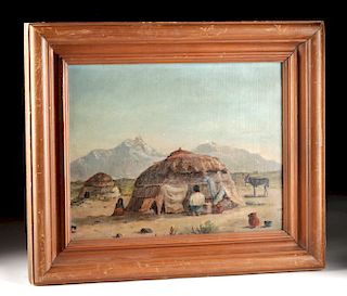 Framed Painting of West w/ Wickiups & Figures - 1920's