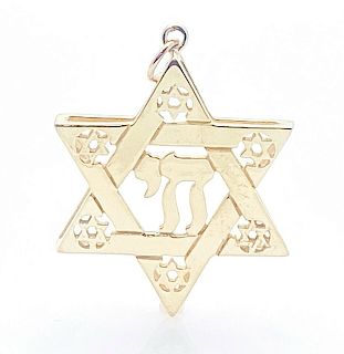 Jewish Star Of David 14k Yellow Gold With Hebrew "Chai"  Life 1.5"  Pendant 