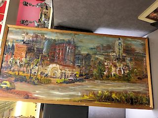 Large Streetscape Oil Painting on Wood by Rosalind G. Salzman