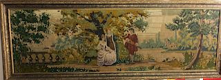 Antique Hand Woven Framed Tapestry of 2 Women and a Man with Guitar