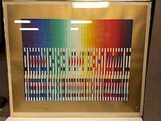 Large Signed Serigraph with Gold Border by Yaacov Agam 38/180 Untitled Rainbow