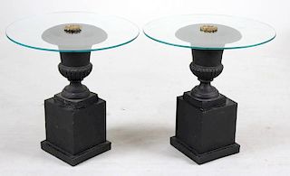 Pair of Black-Painted Metal Glass Top Side Tables