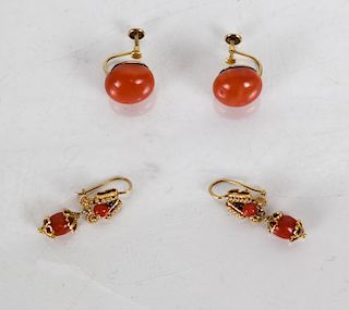 Two Pairs 18K Gold and Coral Earrings