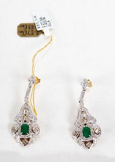 Pair of 14K Diamond and Emerald Earrings
