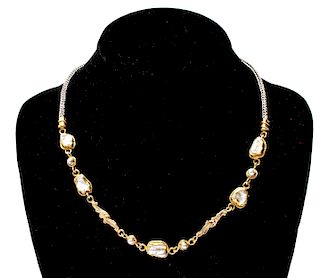 22K & 14K Yellow Gold Pearls Silver Chain Necklace