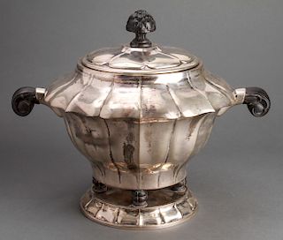 German Silver Covered Tureen, Carved Wood Accents