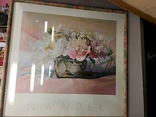 N. A. Noel "Peonies" Still Life and Floral Rabbits Framed Signed 1993