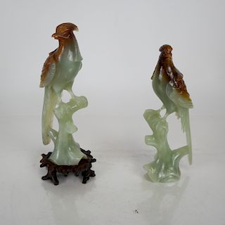 Two Chinese Green and Russet Jade Birds