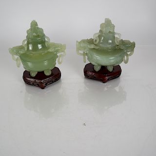 Two Chinese Pale Green Jade Tripod Censors