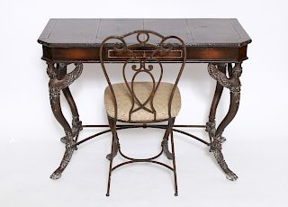 French Leather Top Desk & Chair With Caryatids
