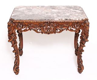 Rosel Ornately Carved Wood & Marble Table