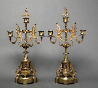 Continental Antique Brass Candelabra, Pair