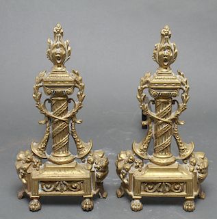 Neoclassical Style Brass "Column" Andirons, Pair