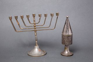 Judaica Metal Menorah and Spice Tower