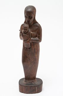 Folk Art Carved Wood Mother & Child Sculpture