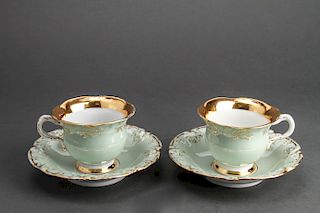 Meissen Celadon Glazed & Gilt Teacups & Saucers, 4