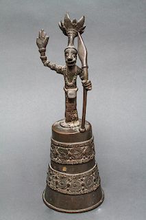 African Benin Bronze Bell with Ceremonial Figure
