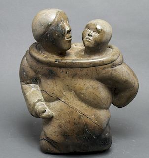 Inuit Carved Stone Signed Mother & Child Sculpture