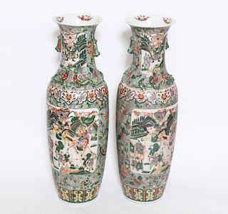 Chinese Famille Verte Porcelain Tall Vases, Pair