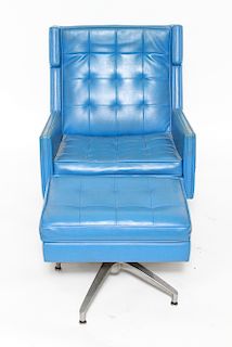 Mid-Century Modern Blue Swivel Chair & Ottoman