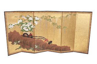 Japanese Gouache Six Panel Folding Screen