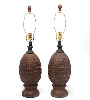 Terra Cotta Carved Pineapple Lamps, Pair