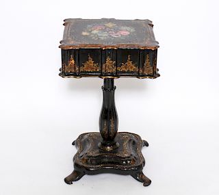 English Victorian Papier Mache & MOP Sewing Table