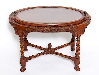 Carved Wood Oval Side Table w Glass Tray Top