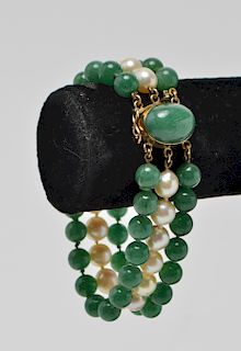 Jade & Pearl Beads w Gold Clasp 3-Strand Bracelet