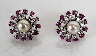 Pair Diamond and Ruby Pearl Earrings 7 DWT