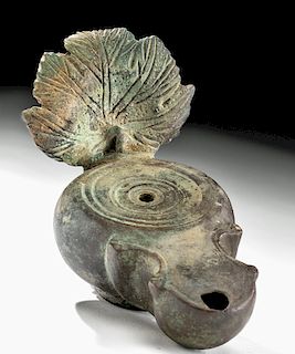 Late Roman / Byzantine Bronze Oil Lamp w/ Leaf Handle
