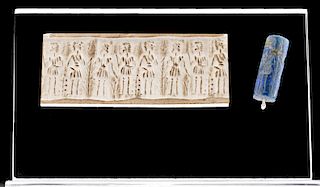 Sumerian Lapis Stamp Seal Bead with Standing Figures