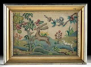 Framed Vintage American Needlepoint - Animals on Hill