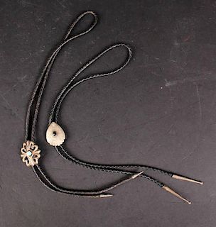 Two Southwest Silver & Black Leather Bolo Ties