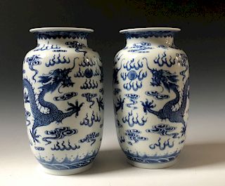 A PAIR OF CHINESE ANTIQUE BLUE AND WHITE DREGAN PORCELAIN VASES.19C