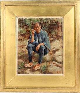 Oil on Wood Panel, Seated Asian Man