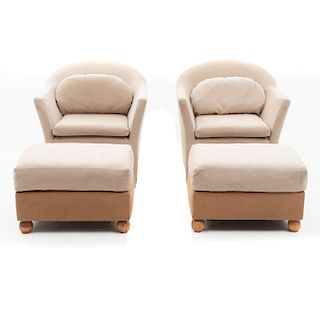 Par de sillones y par de taburetes. SXX. En madera. Con respaldos cerrados, asientos acojinados y 2 cojines en tapicería beige y marrón