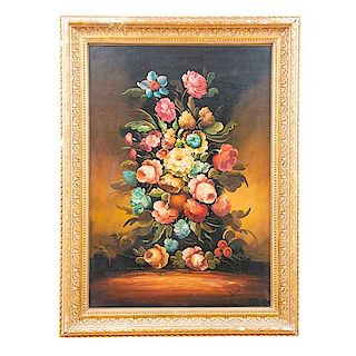 Pezzy. Bouquet. Firmado. Óleo sobre tabla. Enmarcado en madera estucada y dorada. 100 x 70 cm.